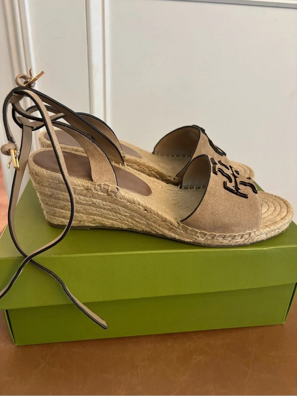 Tory Burch Tan Suede Espadrille Wedge Sandals with Logo Cutout